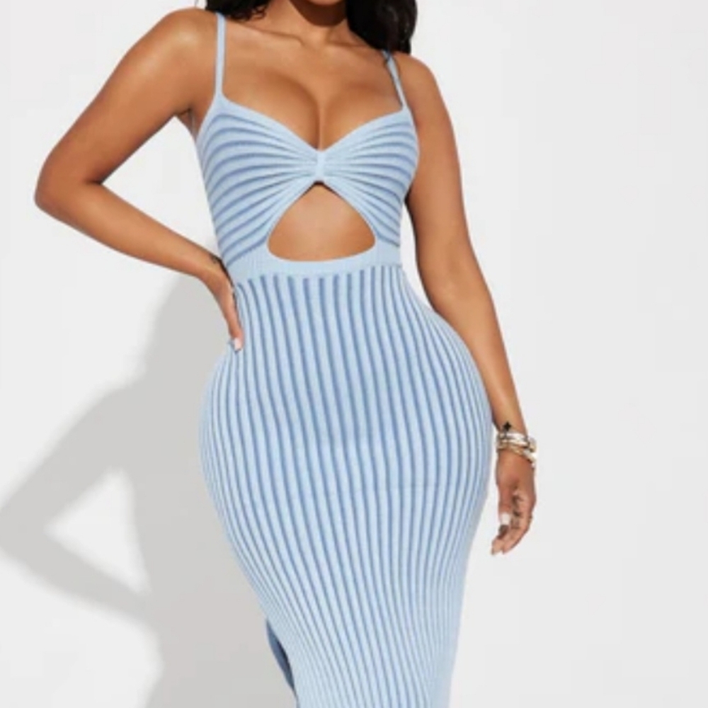 Fashion Nova Light Blue Striped Midi Dress